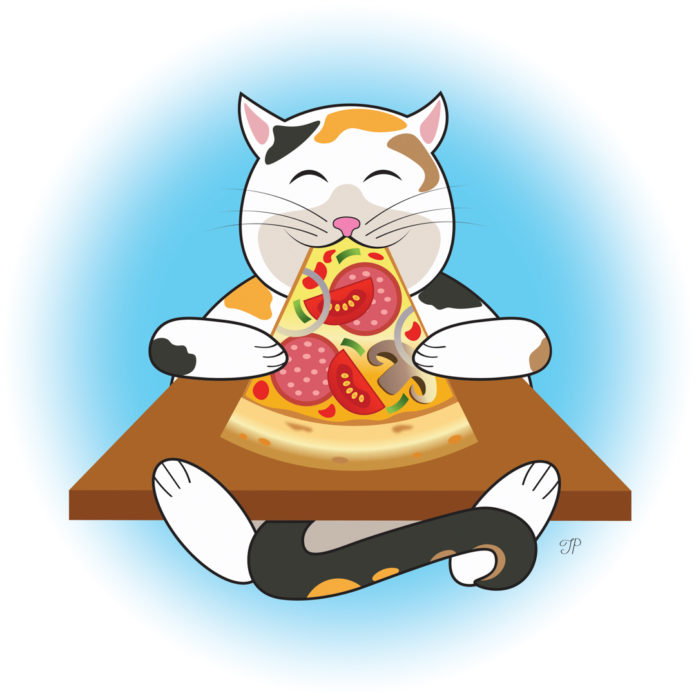 Illustration of a cat eating pizza
