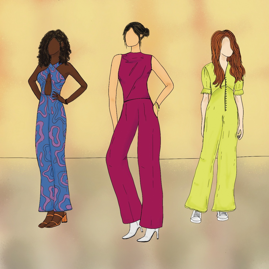 Illustration of people in different styles of fashionable jumpsuits
