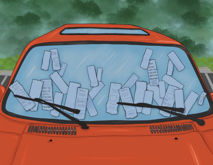 Illustration of a car with tickets all over its windshield