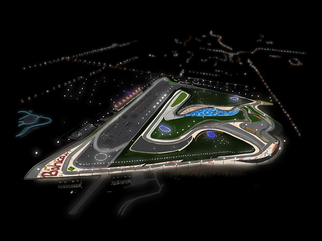 Illustration of the Bahrain F1 Circuit at night, illumated by bright glowing lights