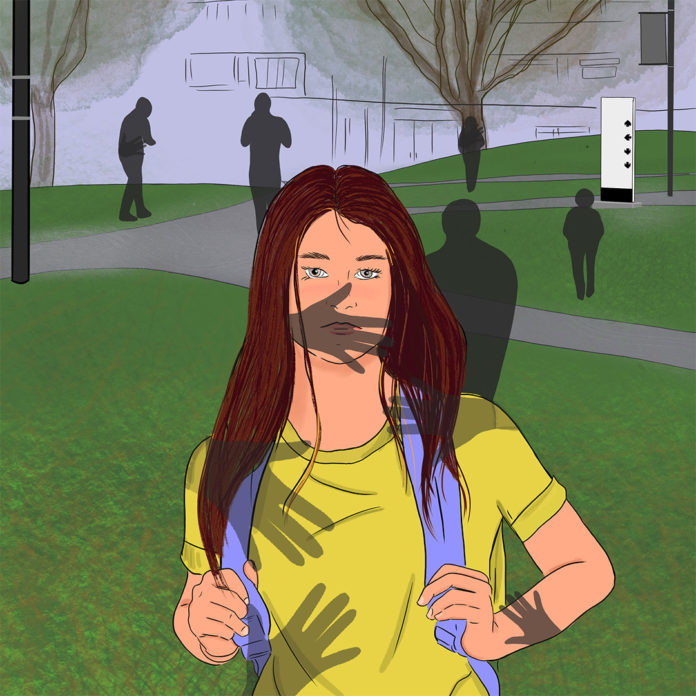 Illustration of a person on the UFV Green with shadowy hands grabbing at their body