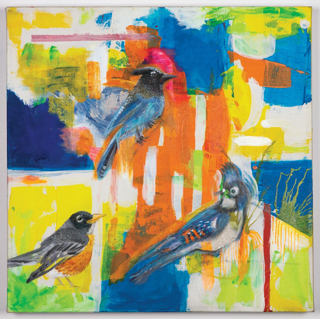 Painting of birds and abstract coloured background
