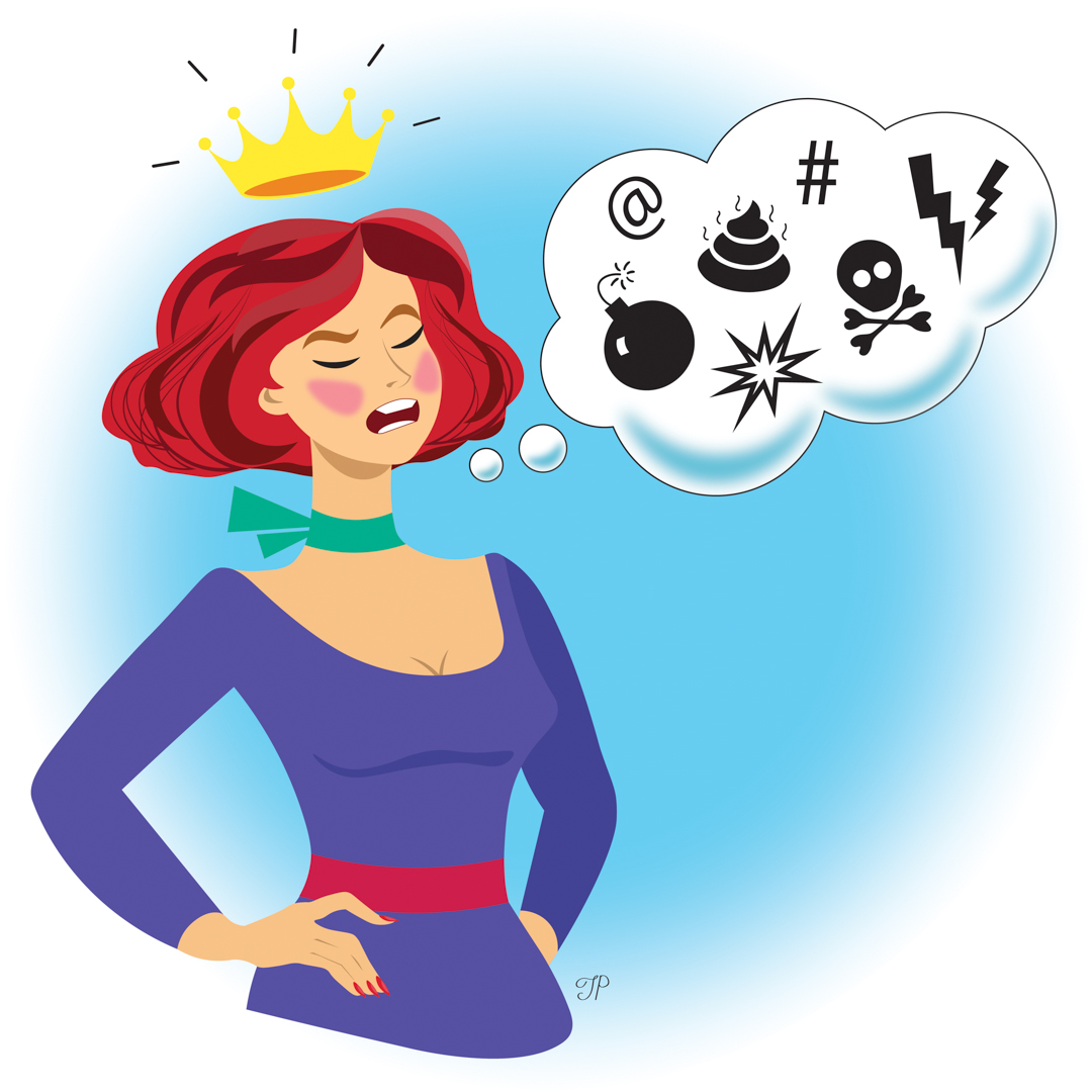 Illustration of a person wearing a crown and defiantly speaking profanity represented with symbols