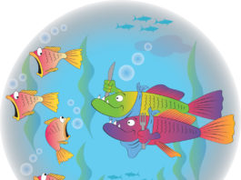 Illustration of two big rainbow fish with knives, forks, and bibs, looking hungrilly at smaller orange fish who are fleeing in fear