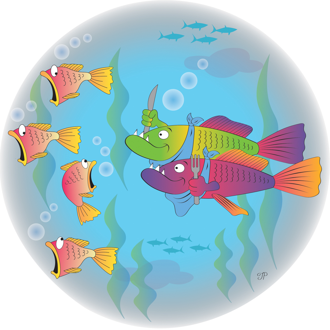 Illustration of two big rainbow fish with knives, forks, and bibs, looking hungrilly at smaller orange fish who are fleeing in fear