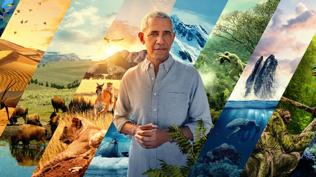 Promotional photo of Barack Obama in front of different scenes from American national parks