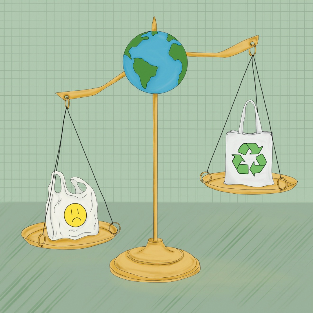 Illustration of the scales with a globe at the top weighing a plastic bag with a frowning face vs. a reusable bag with a recycling symbol. The plastic bag is weighing heavier.
