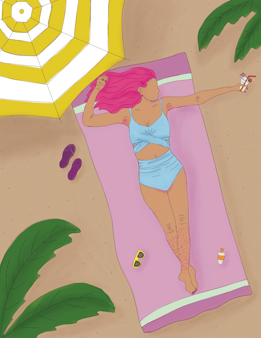 Illustration of a woman lying on the beach in a bathing suit. She has purple hair on her head, and unshaven on her body
