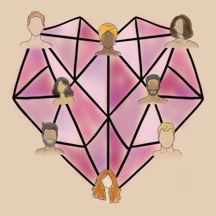 Illustration of a web of connected, faceless individuals, coming together to form a heart shape