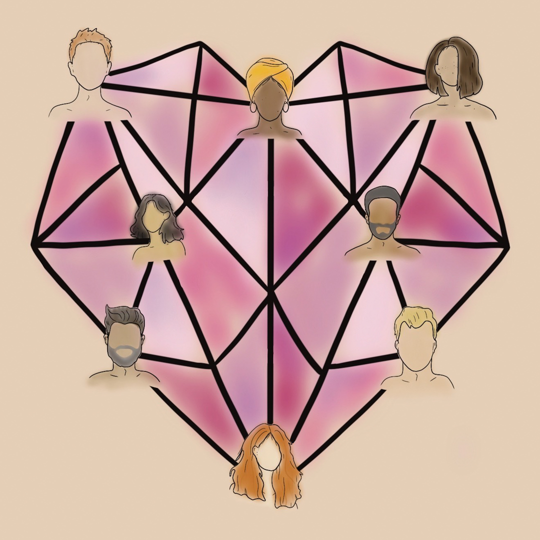 Illustration of a web of connected, faceless individuals, coming together to form a heart shape