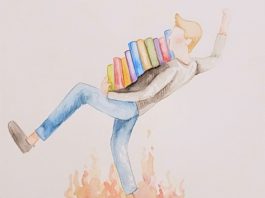 Illustration of a person carrying a huge stack of books, struggling to keep their balance on rocky ground as a fire burns beneath them