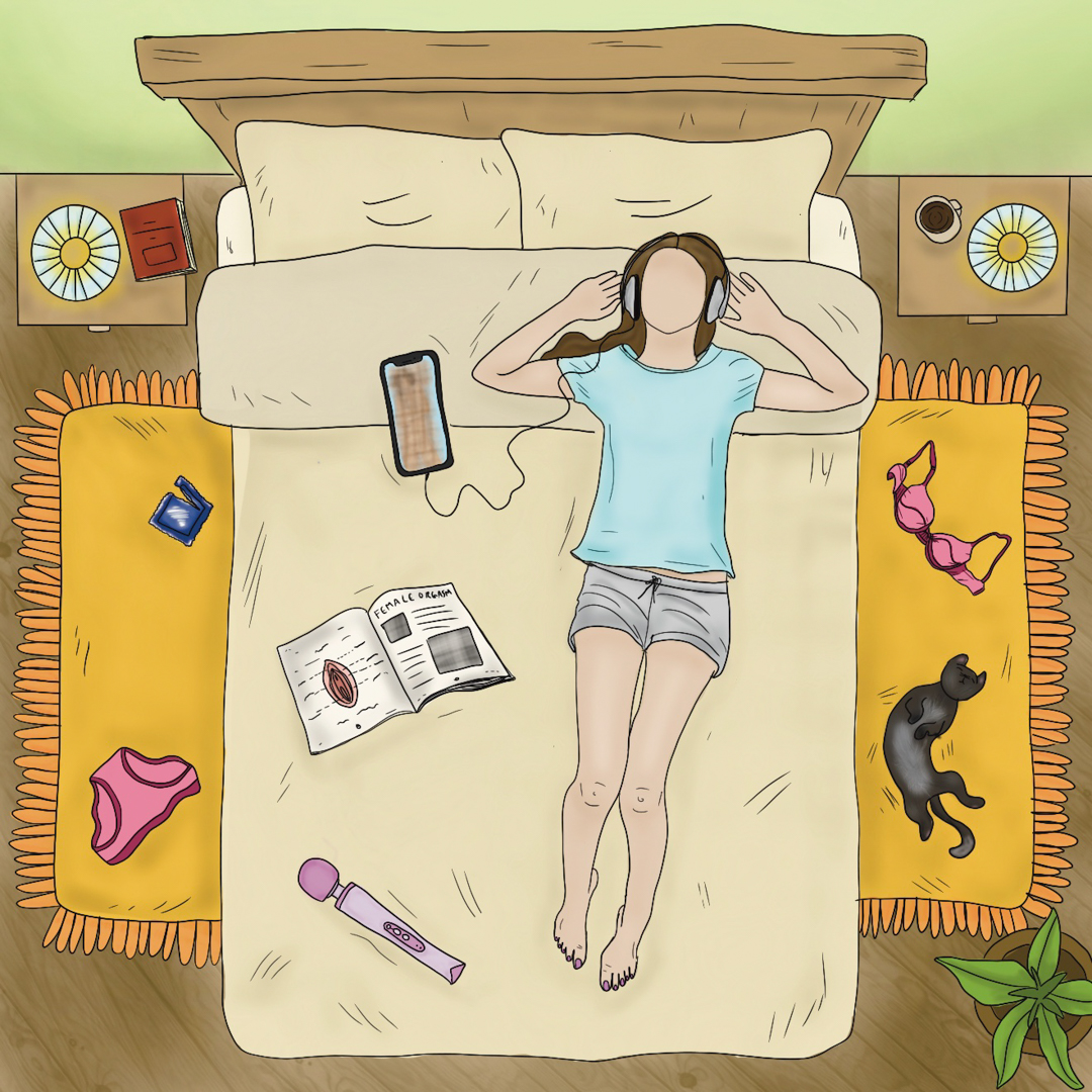 Top down illustration of a person lying on a bed. Around them are various sex and relationship-related items, such as underwear, a condom wrapper, and a vibrator. There's also a cute cat rolling on its back on the floor next to the bed.