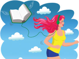 Illustration of a person jogging while listening to headphones. The cord of the headphones is connected to a book that is flying alongside her