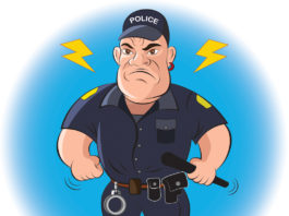Illustration of a mean-looking police officer with a scowl on his face, waving around a clenched fist and a baton