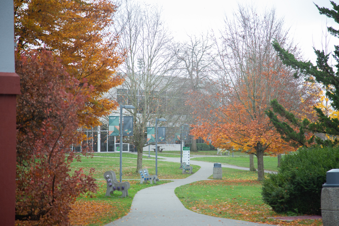Photo of the UFV green in fall, with orange leaves on trees and the ground