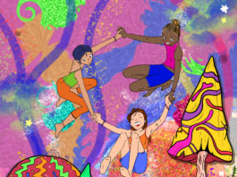 Illustration of people holding hands and flying through the air in front of psychadelic colours with giant mushrooms. Another person relaxes on top of one of the mushrooms.