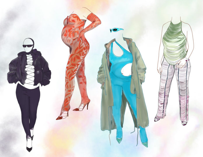 Illustration of several of Rhianna's pregnancy outfits