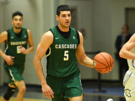 Photo of Sukhjot Bains in a UFV Cascades jersey playing basketball