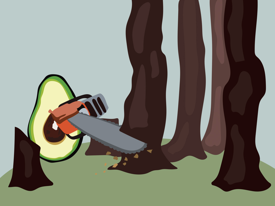 Illustration of an avacado chopping down trees with a chainsaw