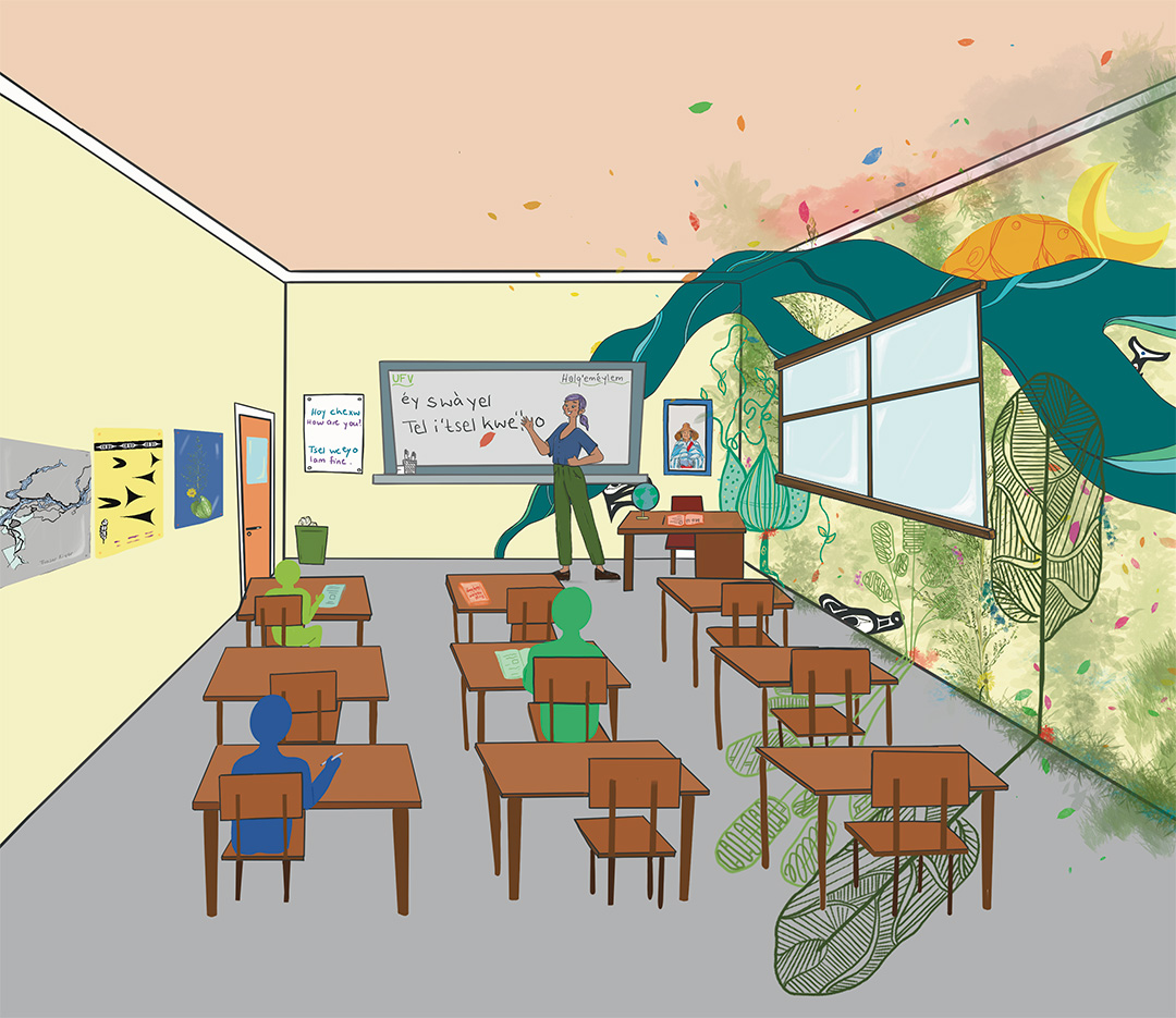 Illustration of a classroom evolving into nature, with a teacher writing words in Halq'emeylem on the whiteboard.