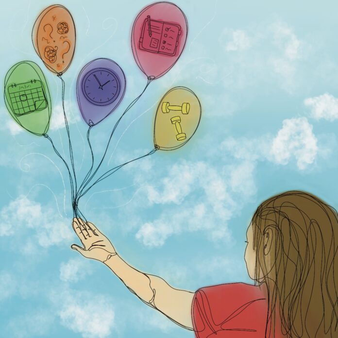 Illustration of a person holding balloons