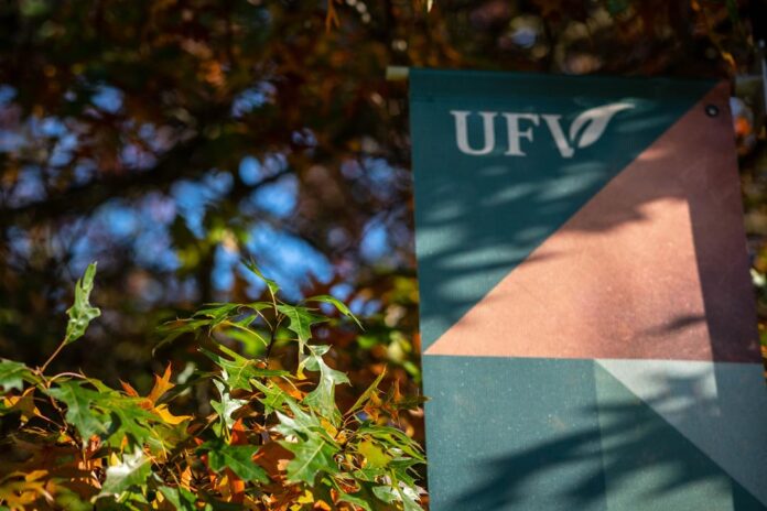 UFV banner sign surrounded by fall colored leaves
