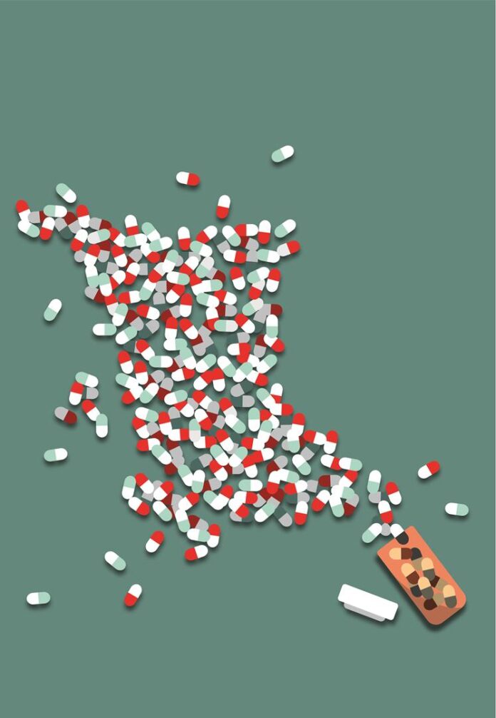 An illustration of British Columbia made of pills