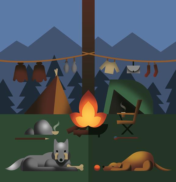 Dogs relaxing around a campfire