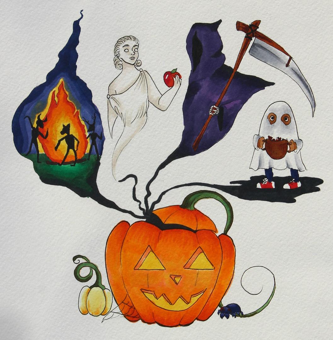 An illustration of Smoke rising from a lit Jack-o-Lantern. Within the smoke, there are images of various celebrations; dancers in animal masks surrounding a bonfire, a Roman marble statue holding an apple, a cloaked grim reaper holding a scythe, a child in a ghost costume with a basket of candy.