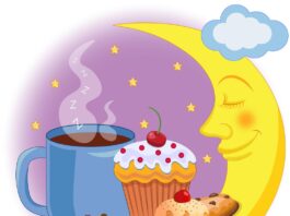 An illustration depicting baked goodies (muffin, donut, cookies) and a cup of sleepy time tea placed on a smiley crescent moon surrounded by the stars and clouds.