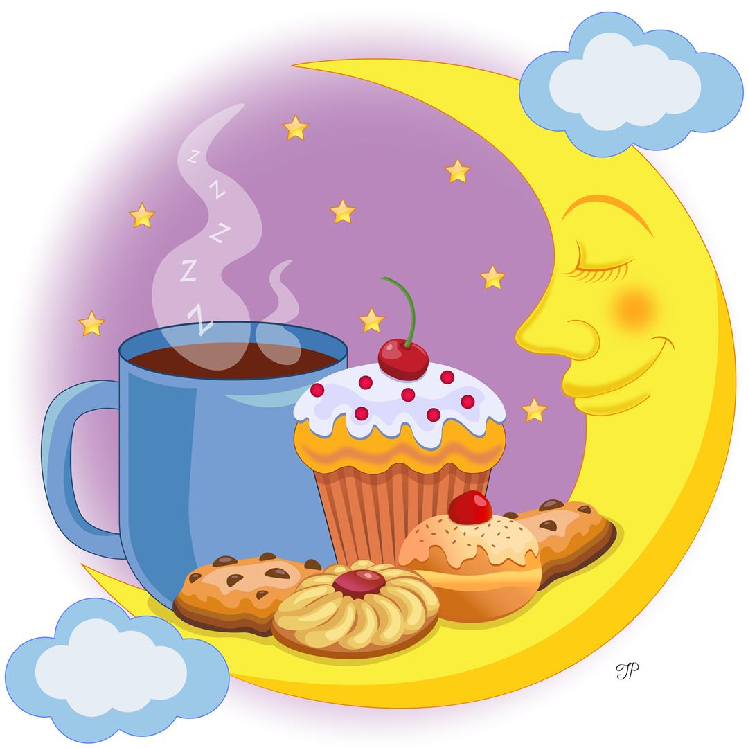 An illustration depicting baked goodies (muffin, donut, cookies) and a cup of sleepy time tea placed on a smiley crescent moon surrounded by the stars and clouds.