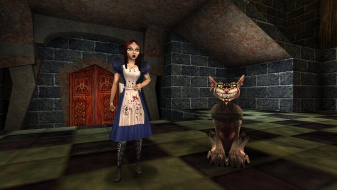 An animated female wearing a blue dress and an apron in a dark stone room with an animated cat with green glowing eyes and a creepy grin.