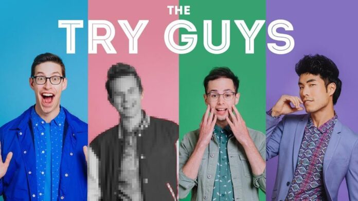 The Try Guys standing in a row front of bright pastel backgrounds with funny facial expressions. Text above them reads: 