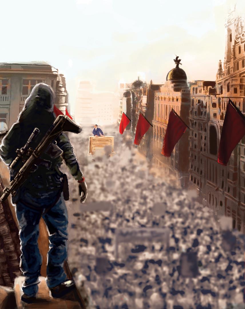 Cover Art: An assasin dressed in militia garb stands on a roof top overlooking a crown with a politician giving a speech in front of them. The Assasin is holding a gun. The crowd is surrounded by building with red flags on them. Feature illustration #1: A person on a bike rides past an 