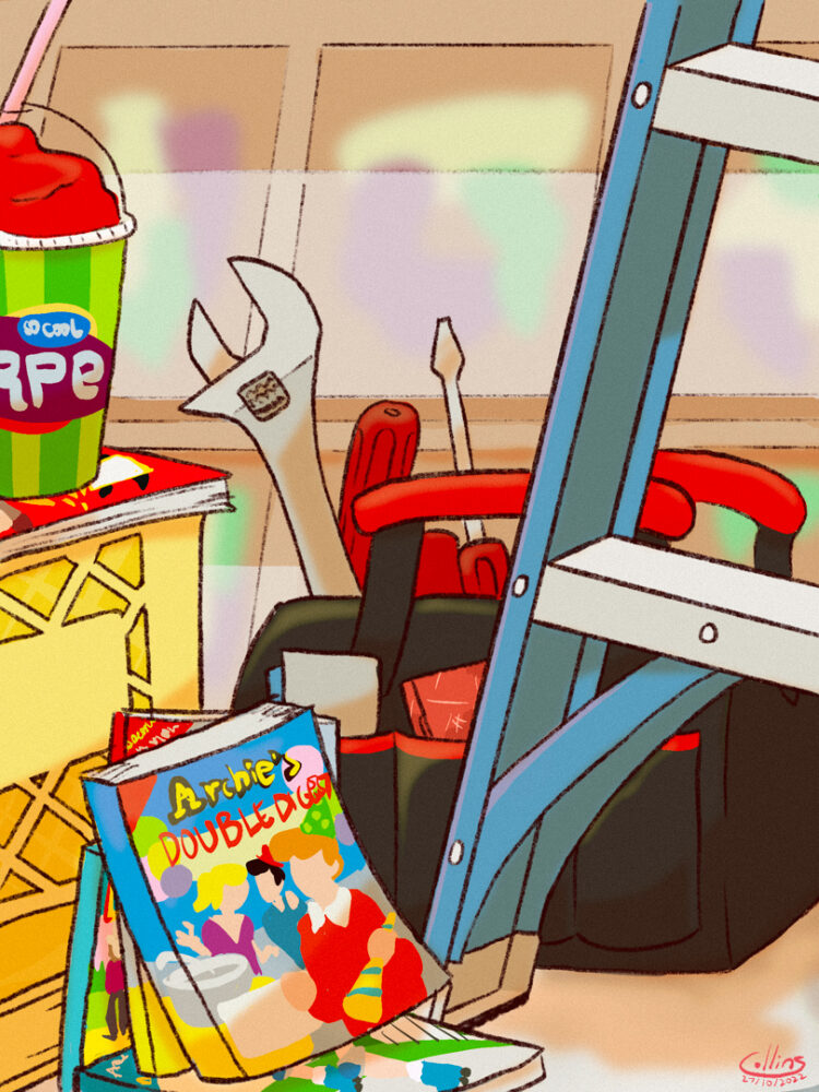 Illustration a pile of items in a bright, nostalgic light. The items include: A large slushie cup with a red slurpie inside; an up-side down milk crate being used as a table; a tool bag with a wrench and some screwdrivers poking out; the leg of a ladder, reaching out of frame; and in the foreground a stack of Archie comics.
