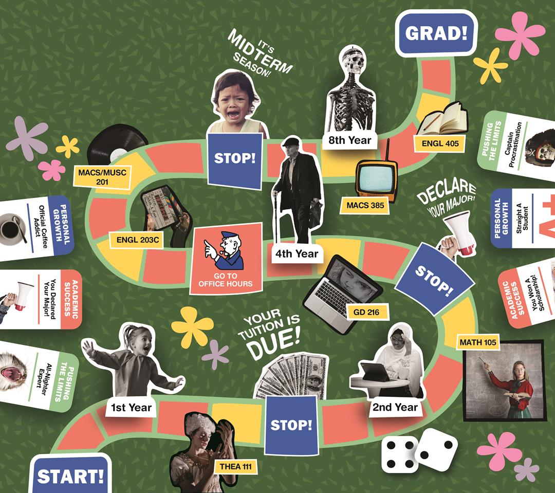 A game board that contains a path and each step of the path has a visual description with memes of every year in university.