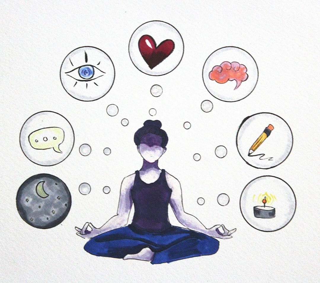 A figure sits cross legged in meditation pose. Surrounding them are seven bubbles, each representing one of the types of rest. Pictured are: a night sky, a speech bubble, an eye, a heart, a brain, a pencil, and a candle.