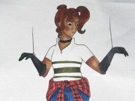 A woman on marionette strings. She is wearing a clash of clothes and accessories, including a a wool sweather, jean shorts, a flannel shirt, elbow length gloves, colourful legwarmers, and leather boots. Her hair is a mishmash of styles, and her expression is overwhelmed.