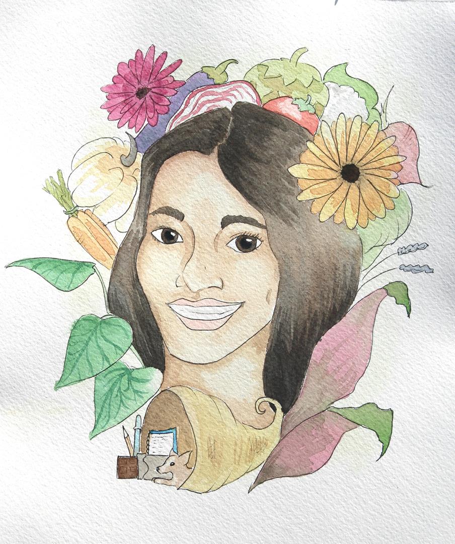 Portrait of Sydney Marchand, the writer behind Conscious Consumer. Surrounding her are vegetables, gerber daisies, house plants, and a collection of objects representing her interests: a small dog, a chocolate bar, a spiral notebook, a ballpoint pen.