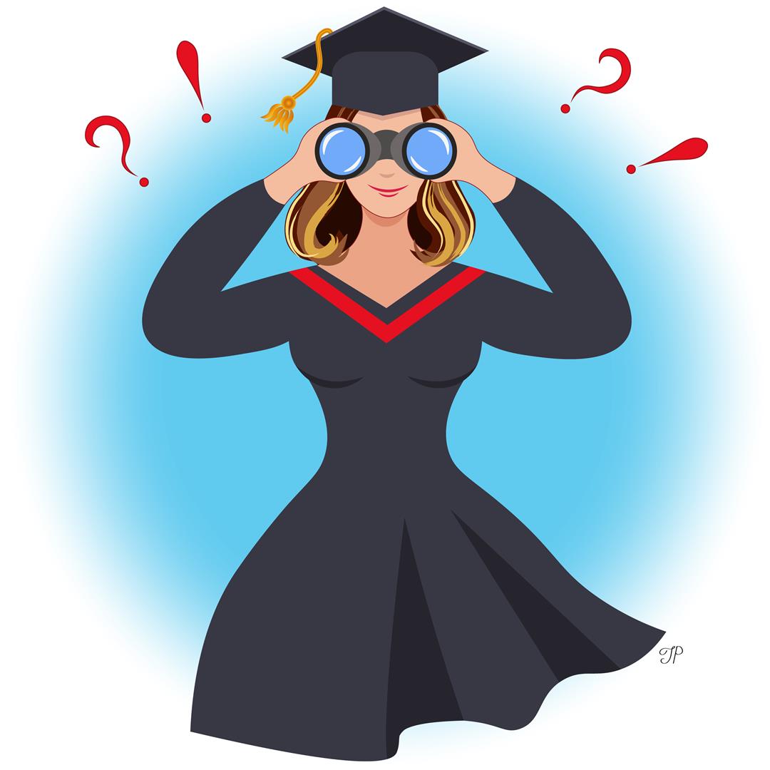 A girl in a graduation gown and cap looking through binoculars. Exclamation and question marks are depicted in the background.