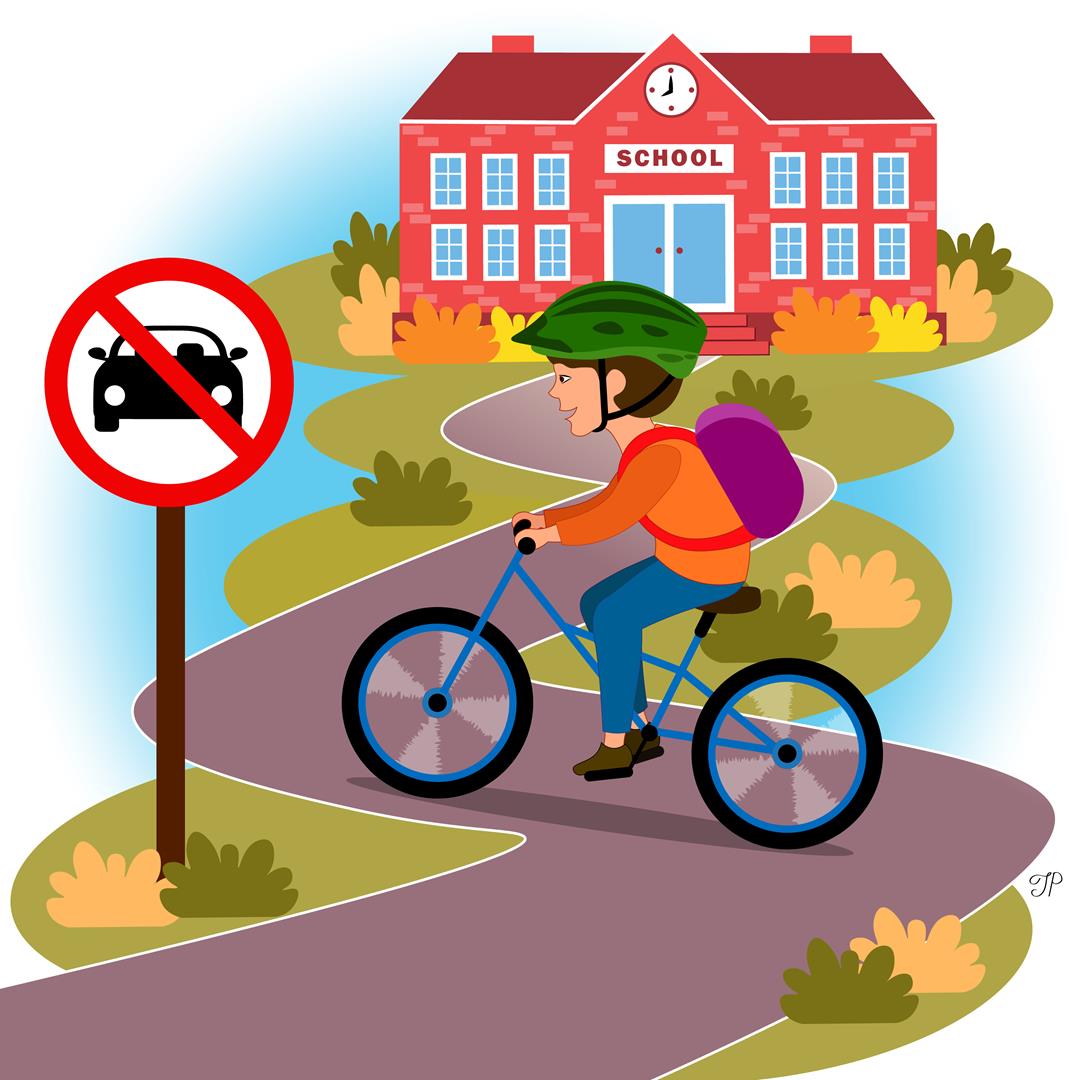A boy with a backpack riding his bike to the school on a windy road. There is a road sign in the foreground of the illustration showing that cars are prohibited. There is a school building in the background.