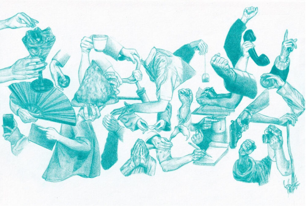 Illustration of hands and arms in various poses and holding various items. They are: marking a drink; rolling a ball; holding up a teacup; riding a bike; running; raising a hand in triumph; holding up an corded phone; clenching their fist in frustration; pointing to the sky; holding up a telescope; writing a letter; eating a giant slice of pizza; waving a paper fan; holding up a smartphone; holding open a book; covering a mouth in shock; clasped together in prayer; holding a flower; writing on a notepad; holding a bowl of noodles; holding a revolver; holding a cane; and holding a camera.