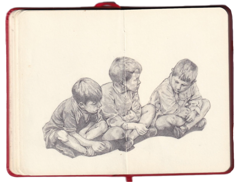 Pencil illustration in a notebook of three young boys sitting cross-legged on the ground, seemingly in conversation with each other.