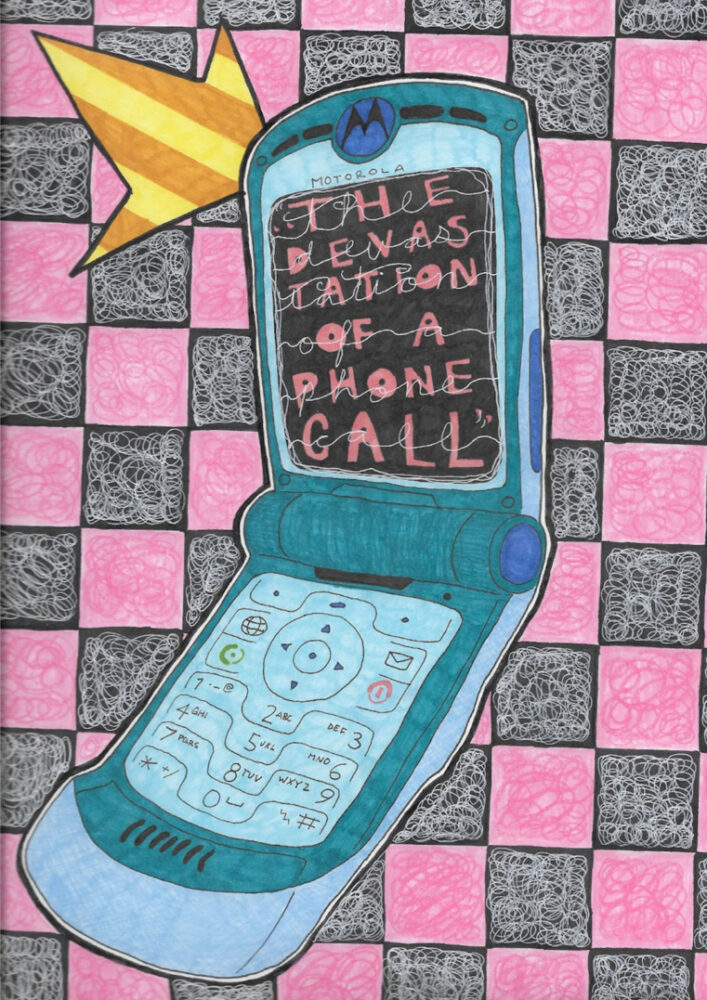 Illustration of an old Motoloa cell phone (flip phone) in front of a red and black checkered background. Text on the phone's screen reads "the devastation of a phone call."