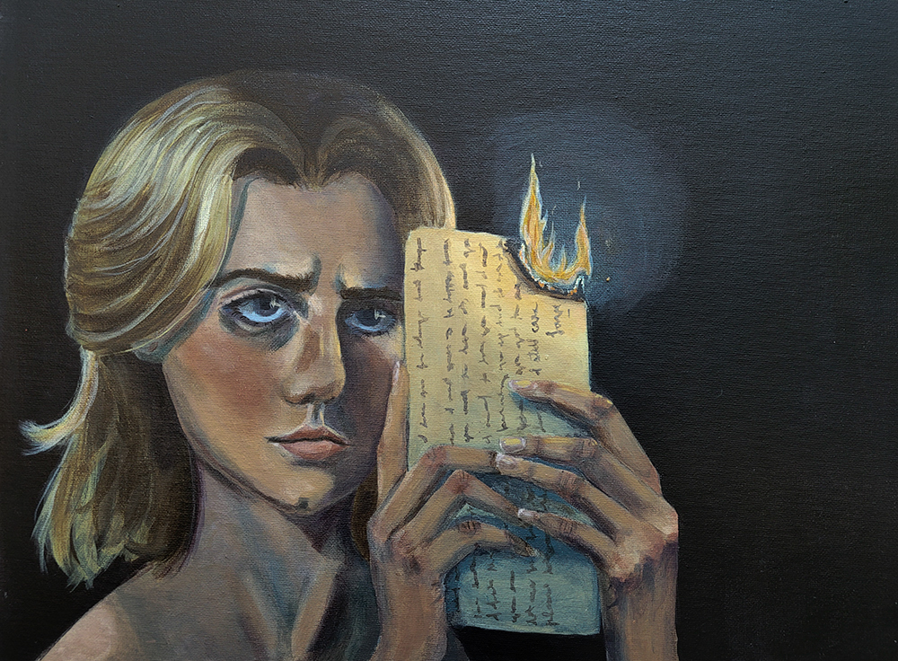 Painting of a person in front of a black background. They are holding up a letter as if it were a smartphone. One corner is on fire, illuminating the blackness around it.