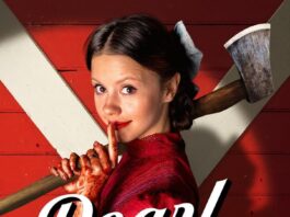 A movie poster with a red background with a white X through it. There is a girl with a bow in her hair is holding a shovel wearing a red dress and motioning shhh with her finger to her lips. Her hands are bloody. The title goes across her body and reads "Pearl, an x-traordinary origin story"