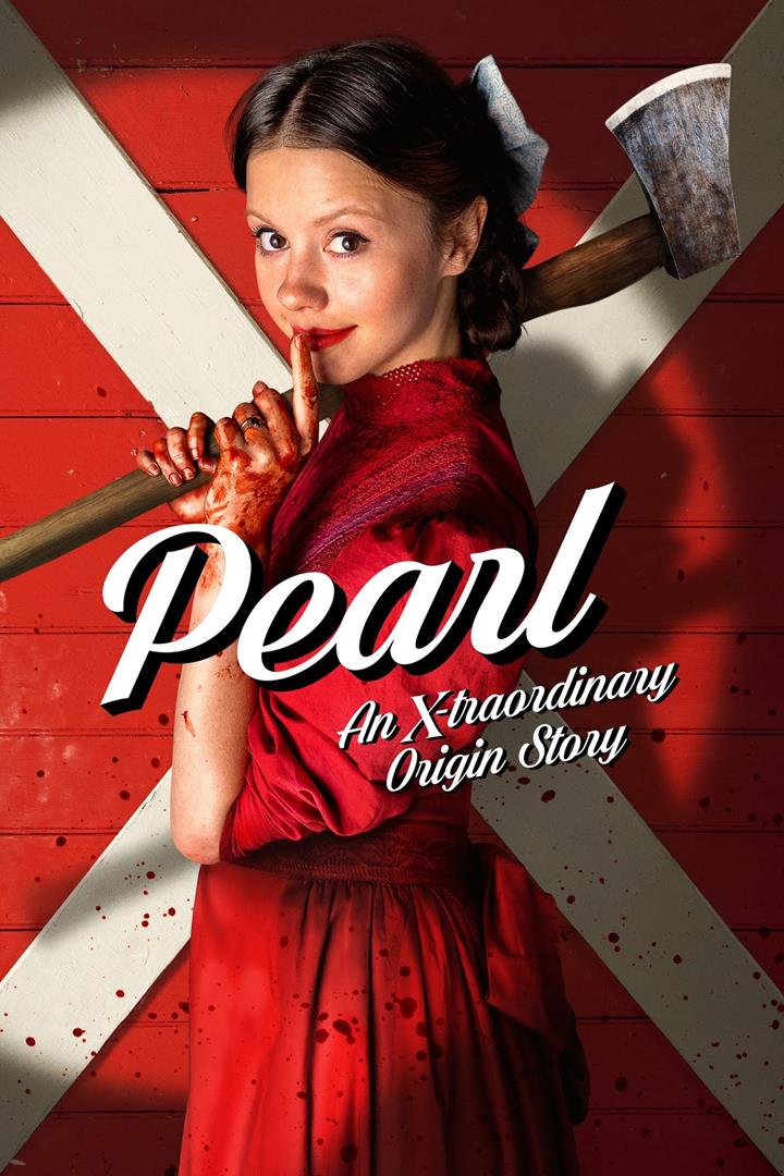 A movie poster with a red background with a white X through it. There is a girl with a bow in her hair is holding a shovel wearing a red dress and motioning shhh with her finger to her lips. Her hands are bloody. The title goes across her body and reads 
