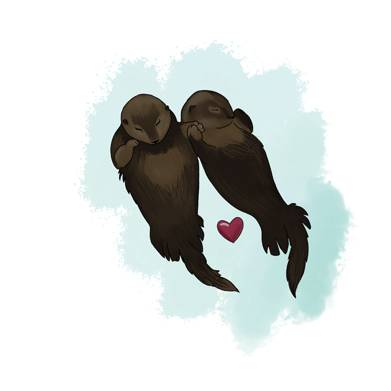 An illustration of two sea otters floating on thier backs in the water. They are holding hands and in between them is a red heart.