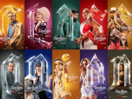 Each movie character standing in front of a different brightly colored background with a glass letter in front of them spelling out "Glass Onion"