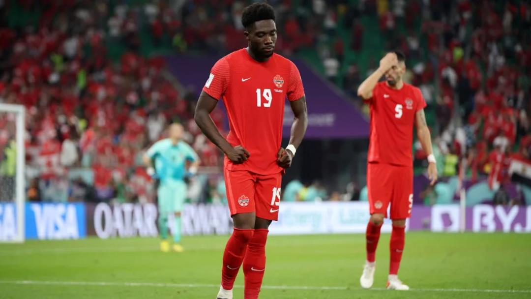 Alphonso Davies looks down after loss at FIFA World Cup Qatar 2022 against Morroco.